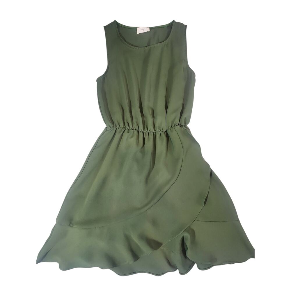 Everly Olive Green Sleeveless Ruffle Hem Dress Elastic Waist Sz Small faux wrap‎